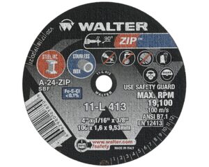 Walter 4″ Diameter, 1/16″ Thick, 3/8" Arbor, 19100 RPM, A-30 Grade ZIP Cut-Off Wheel (11L413)