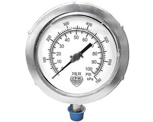 CPW Hydro-Poise 4.5″ Face Dial, 0-100psi H/D Pressure Gauge – 316 SS (82-12D-2B)