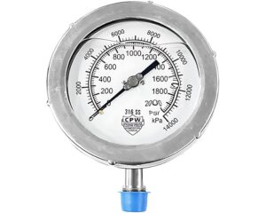 CPW Hydro-Poise 4.5″ Face Dial, 0-2000psi H/D Pressure Gauge – 316 SS (82-21D-2B)