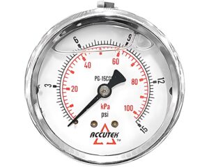 Accutek 2.50″ Face Size, 0-15 PSI Range, Liquid Filled Pressure Gauge, Center Back (PG-15CG25)
